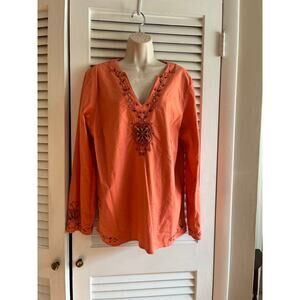 Susan Graver Style linen blend embroidered sequined tunic L Salmon‎ Perfect